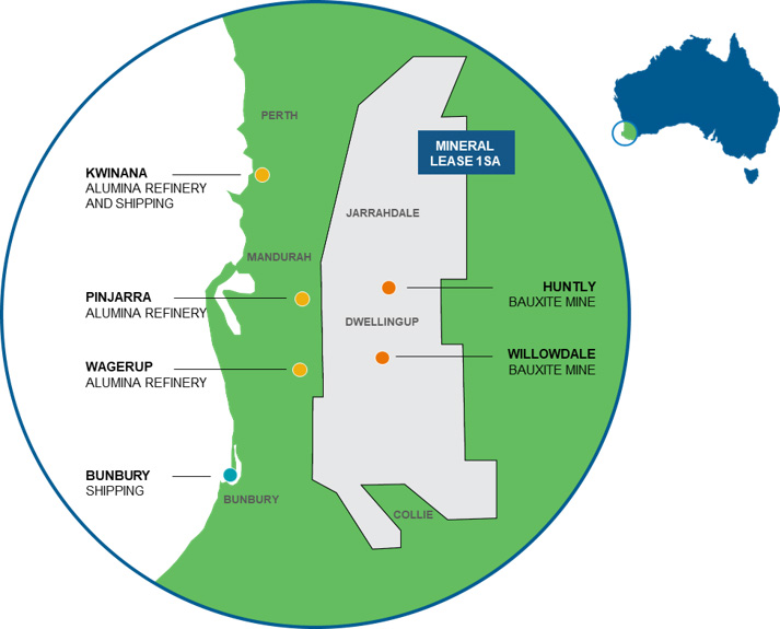 Map of southwestern region of Australia highlighting Alcoa refineries and shipping in Kwinana, Pinjarra, Wagerup, and Bunbury in relation to Alcoa bauxite mines in Huntly and Willowdale within the boundary of Alcoa’s Mineral Lease 1SA