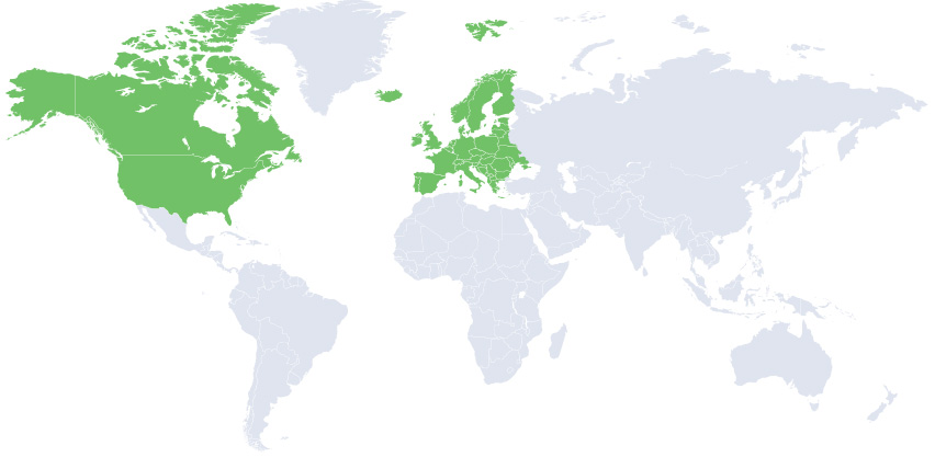 World map with Canada, US, and Europe highlighted